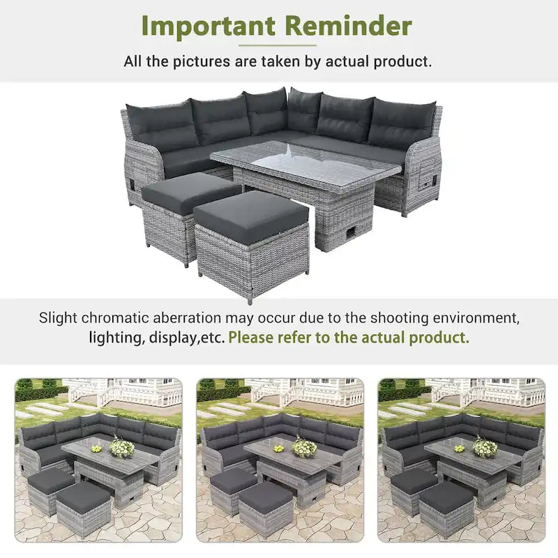 Outdoor-Rattan-Ecksofa-Set mit verstellbarem Tisch und Relaxsesseln