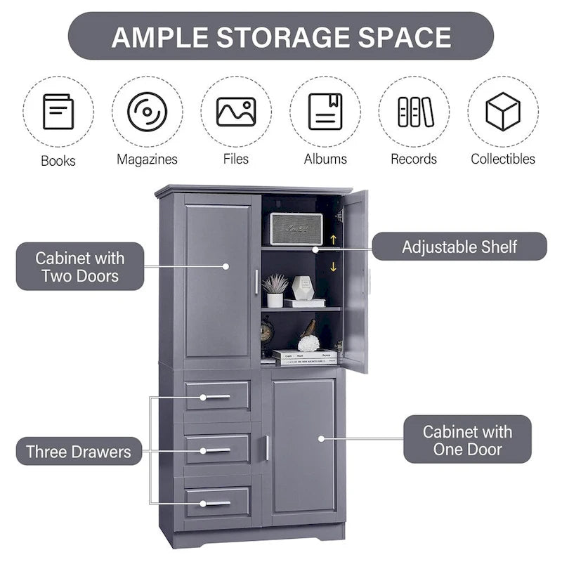 Hoher und breiter Badezimmerschrank mit Türen, drei Schubladen
