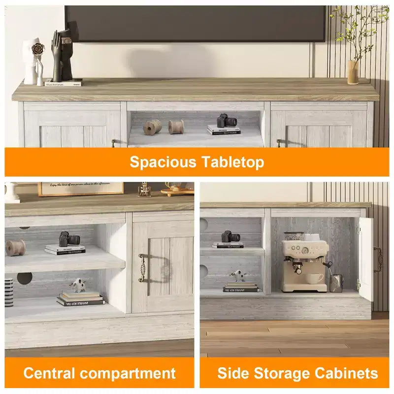 Moderner TV-Schrank für 65-Zoll-Fernseher, rustikales Entertainment-Center aus Holz mit geräumigen Aufbewahrungsschränken, Medienkonsole für Wohnzimmer und Büro