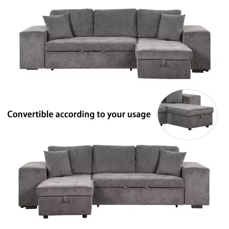104,5 Zoll L-förmige Schlafcouchgarnitur mit Stauraum-Chaiselongue und 2 Hockern – 3-Sitzer-Schlafsofa mit Schlaffunktion für das Wohnzimmer