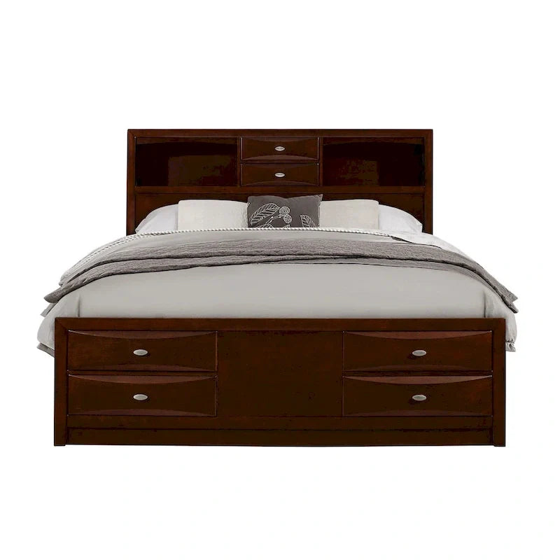 Espressofarbenes Doppelbett aus Massivholz mit acht Schubladen