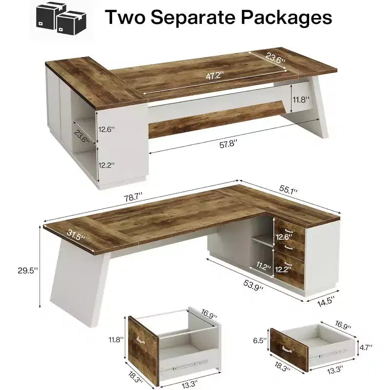Lantine Modern 78 L-förmiger Chefschreibtisch mit Schubladen und seitlichem Aktenschrank
