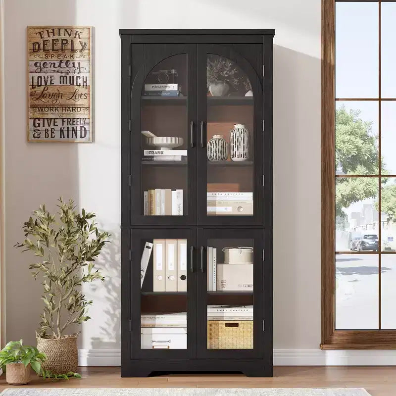 178 cm hoher Küchenschrank, moderner Vitrinenschrank mit 4 gewölbten Glastüren und verstellbaren Einlegeböden, für Küche, Wohnzimmer, Esszimmer, Badezimmer