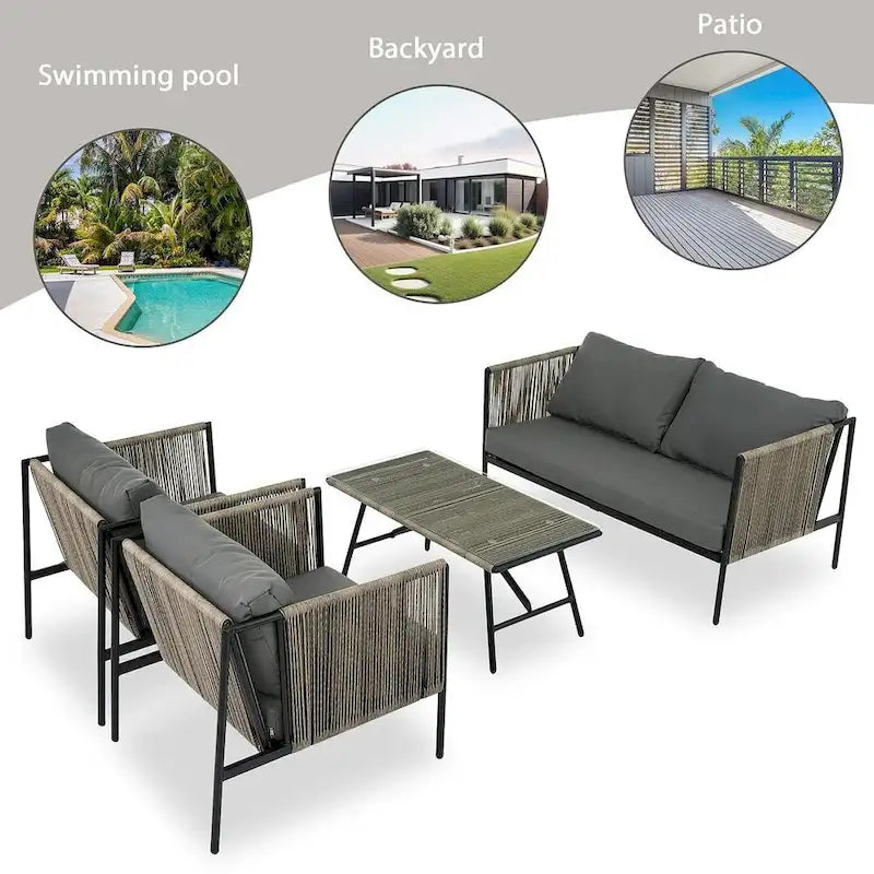 4-teilige Outdoor-Lounge-Garnitur aus Seil für 4 Personen mit Auflagen und Glastisch