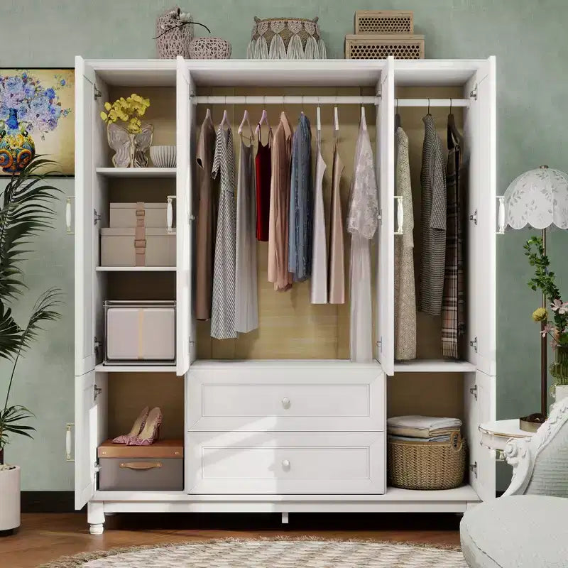 Weiße Holz-Kleiderschrank, 156 cm, mit 2 Schubladen, Kleiderstange und Einlegeböden