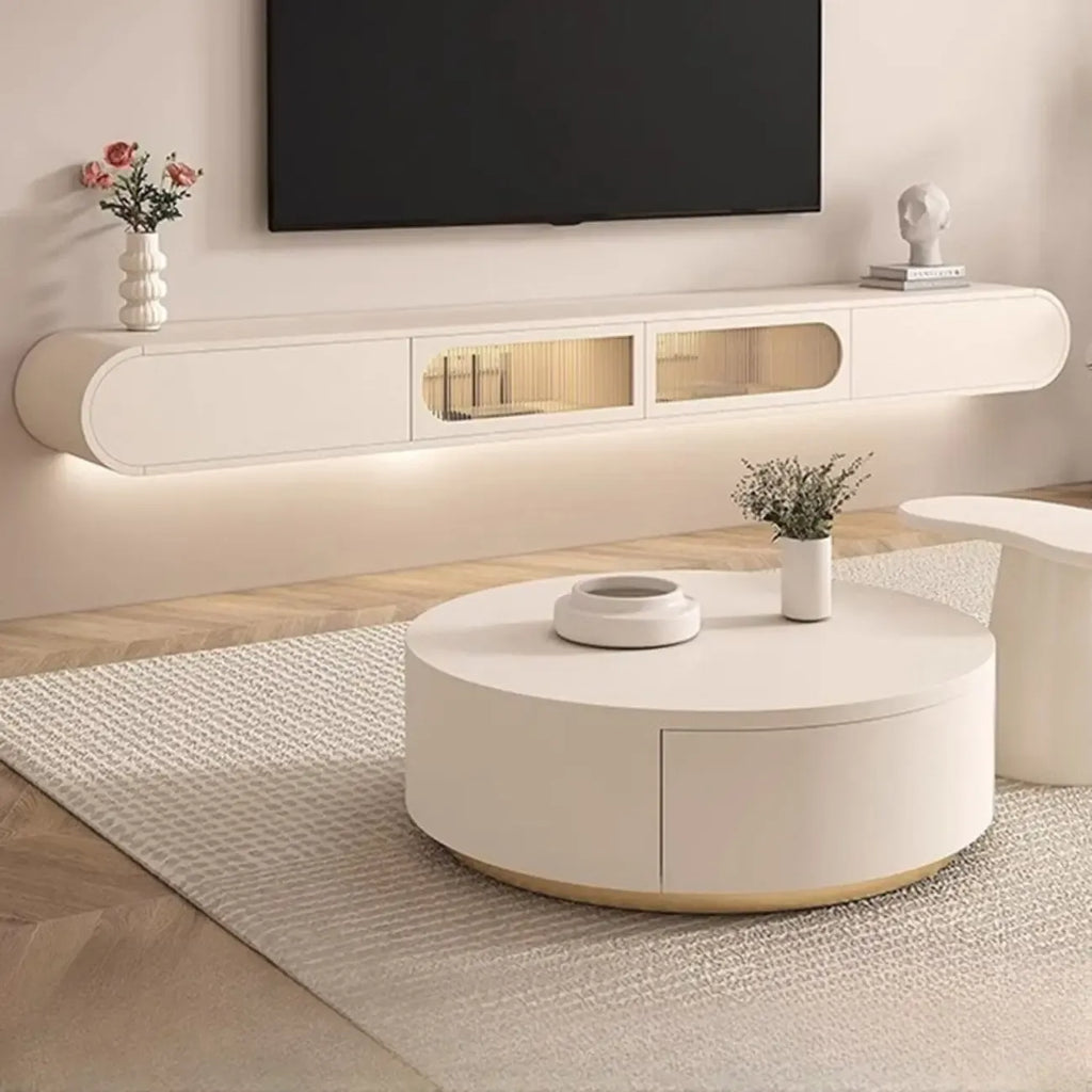 Weißes hängendes TV-Board aus Holz mit Stauraum für das Wohnzimmer