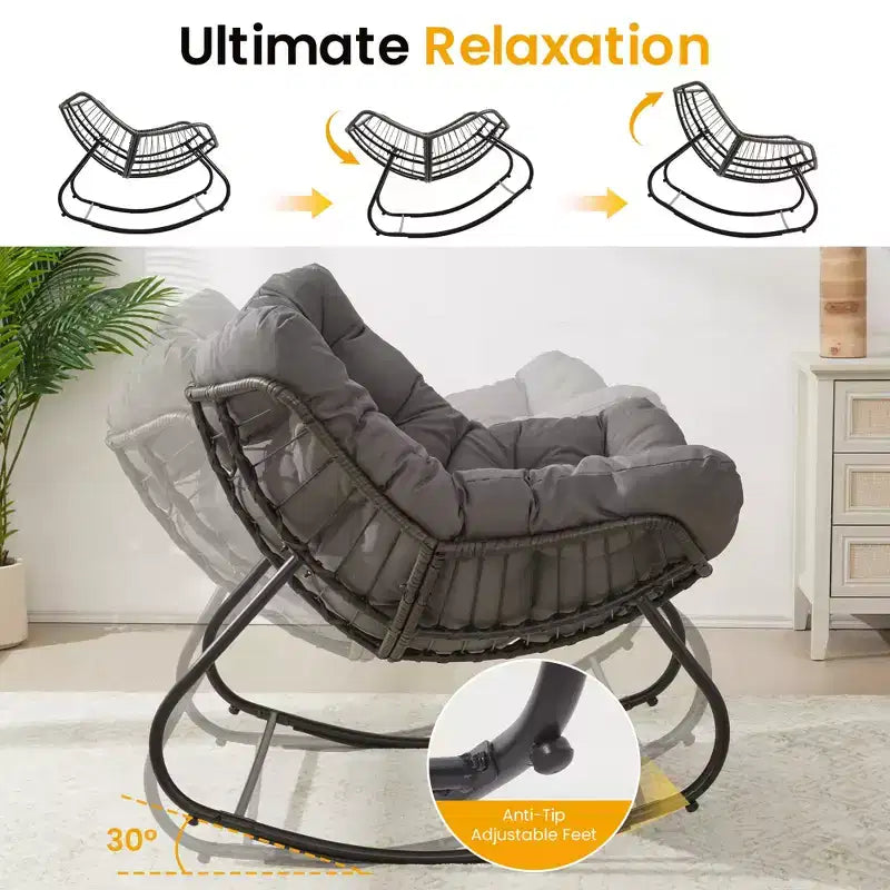 Heynemo Terrassen-Schaukelstuhl mit Hocker, Eiformiger Schaukelstuhl für drinnen und draußen mit Kissen, Überdimensionaler Papasan-Loungesessel aus Metall, Lesesessel