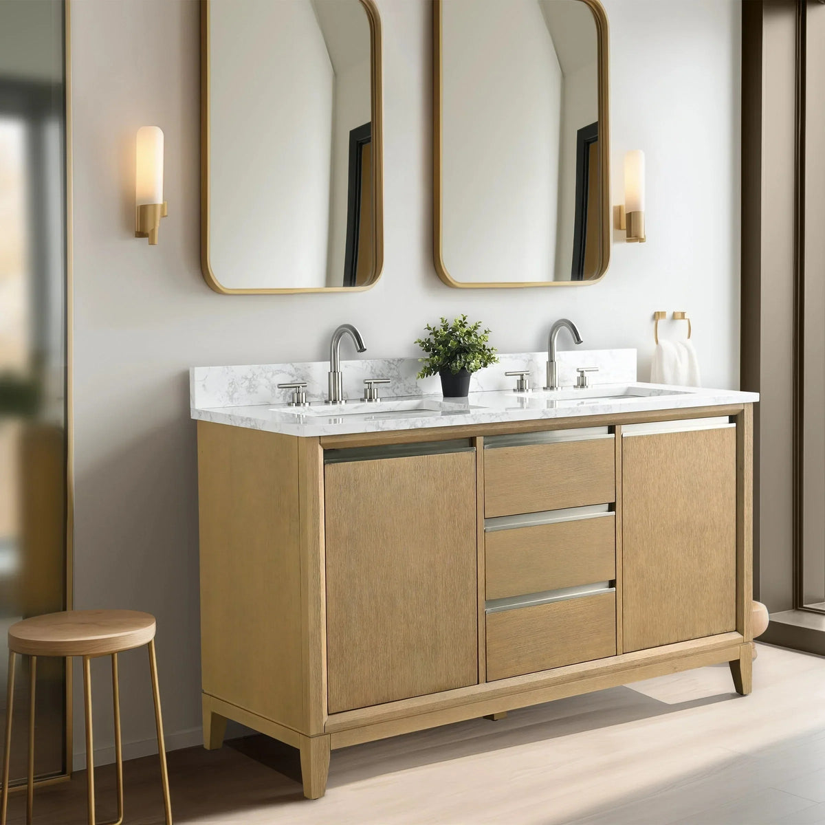 Vanity Art Badezimmerschrank mit Keramikwaschbecken und Platte aus technischem Marmor