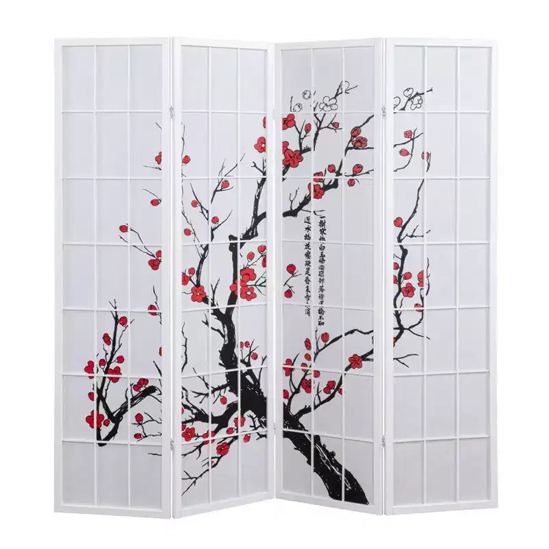 Roundhill Furniture Japanischer 4-Panel Raumteiler, Pflaumenblüte