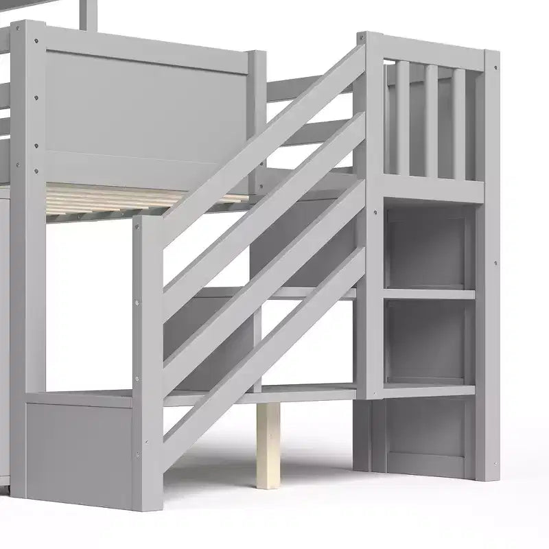 Einzel-Hochbett mit 3 Schubladen und Treppenregal, Hausbett-Gestell aus Holz mit Rutsche und herausziehbarem Schreibtisch