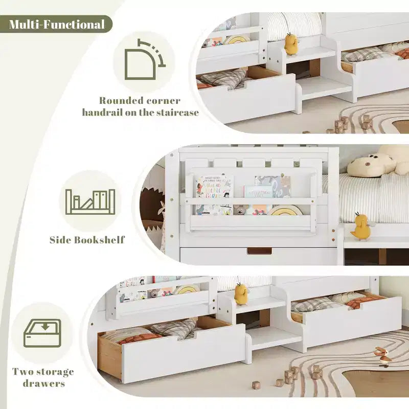 Bellemave Queen-Size-Kleinkindbett mit 14 Sicherheitsgeländern, platzsparender Bettrahmen mit integrierten Bücherregalen & 2 Schubladen unter dem Bett