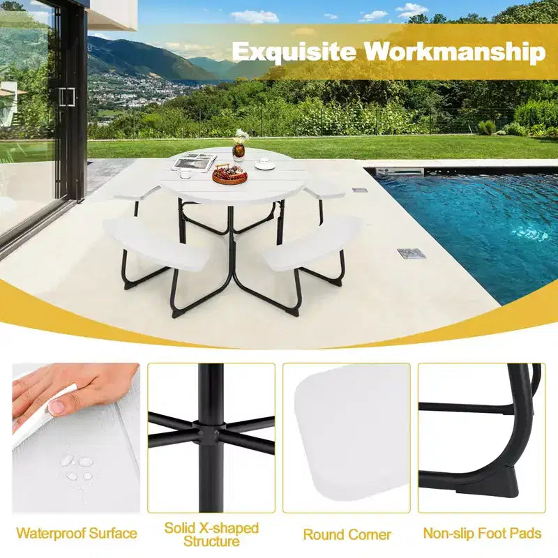Costway Outdoor 8-Personen-Rund-Picknicktisch-Bank-Set mit 4 Bänken & Sonnenschirmloch Schwarz/Grau/Grün/Weiß