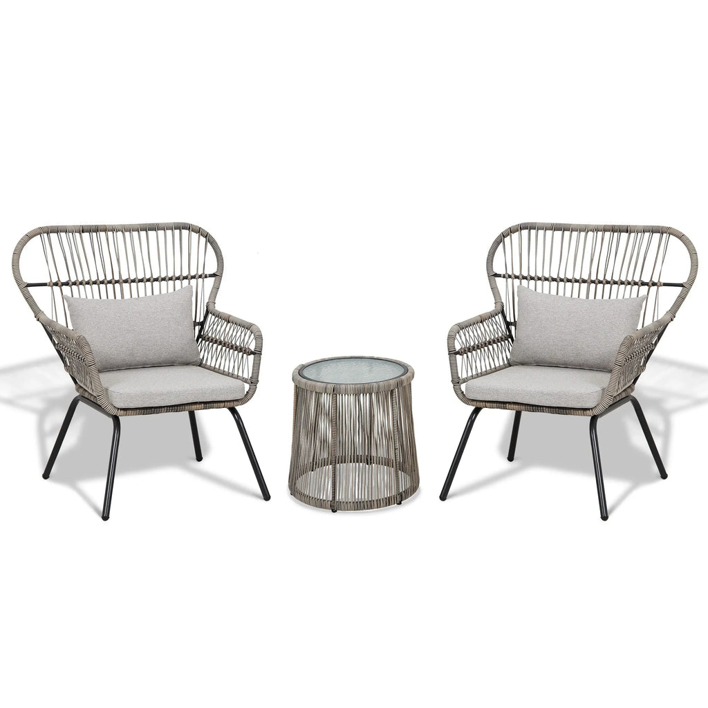 3-teiliges Outdoor-Bistro-Set aus Korbstühlen, witterungsbeständige Rattanmöbel-Sitzgruppe mit Kissen
