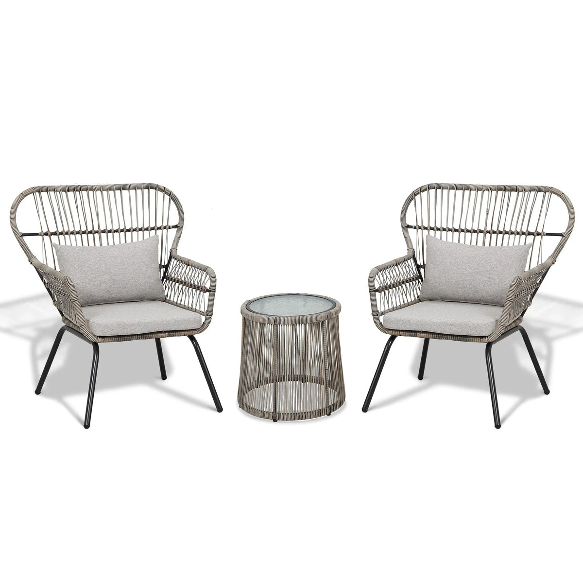 3-teiliges Outdoor-Bistro-Set aus Korbstühlen, witterungsbeständige Rattanmöbel-Sitzgruppe mit Kissen