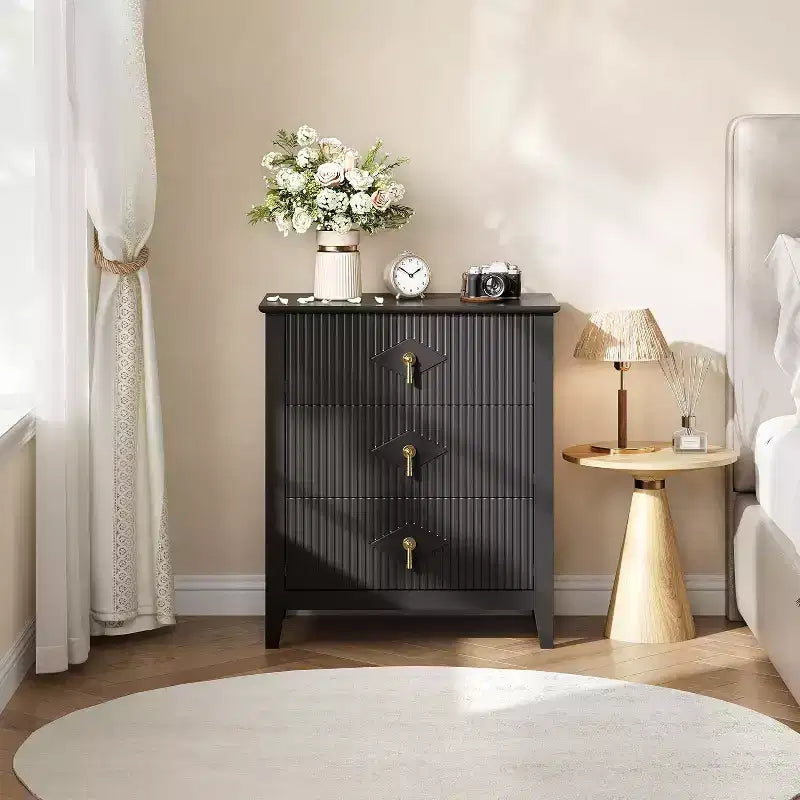 2 Stück geriffelte Holz-Nachttische, 27,5 breit, 3-Schubladen-Kommoden-Set, moderne Beistelltische, Schubladenschrank für Schlafzimmer und Wohnzimmer