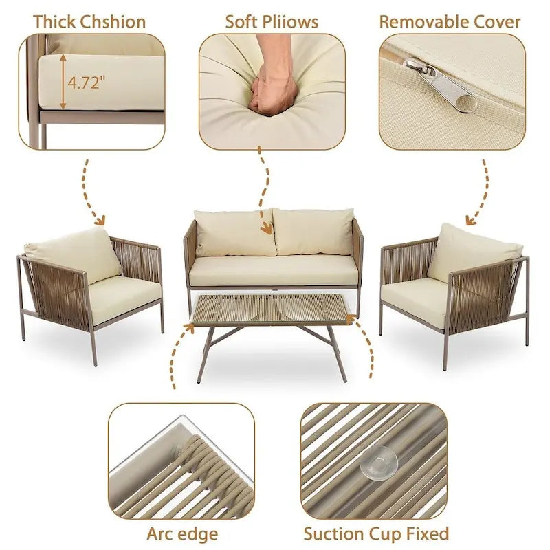 4-teilige Outdoor-Lounge-Garnitur aus Seil für 4 Personen mit Auflagen und Glastisch
