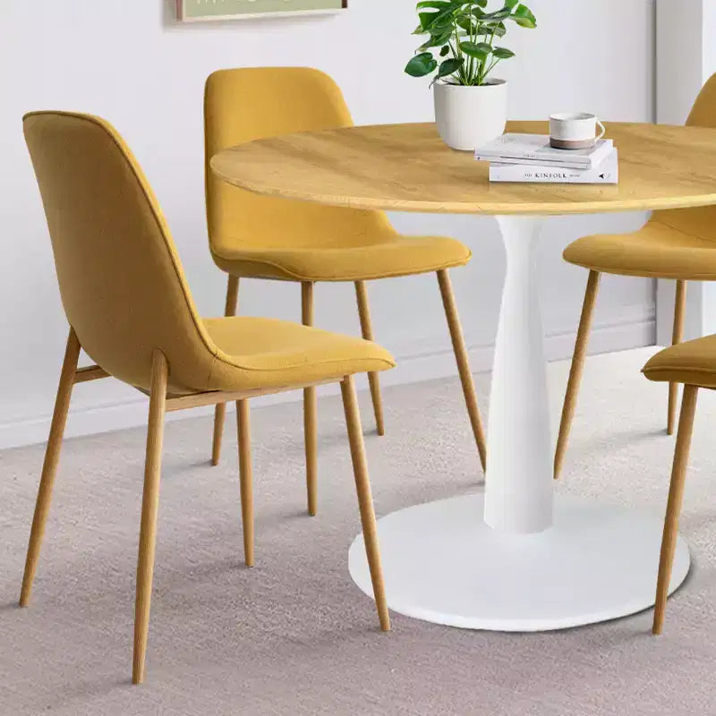 5-teiliges Esszimmerset, runder 37-Zoll-Tisch mit Säulenfuß und Holzoptik-Platte sowie gepolsterten, geschwungenen Stühlen, moderner Stil – Panipeachy