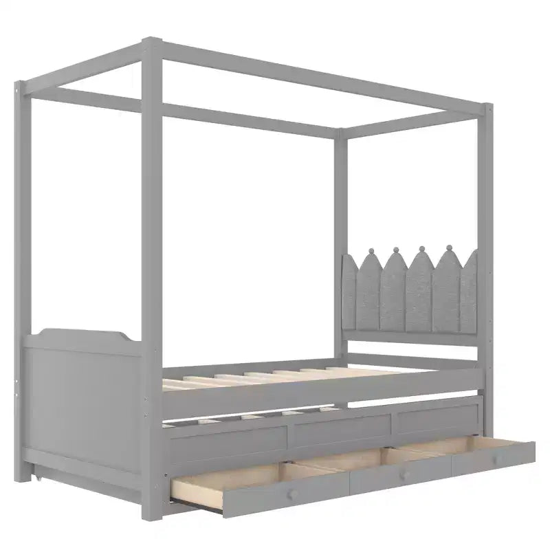 Doppel-/Einzelbett-Plattformbett mit Ausziehbett, Prinzessinnen-Himmelbett aus Holz mit 3 Schubladen, Stauraumbett mit gepolstertem Kopfteil für das Schlafzimmer