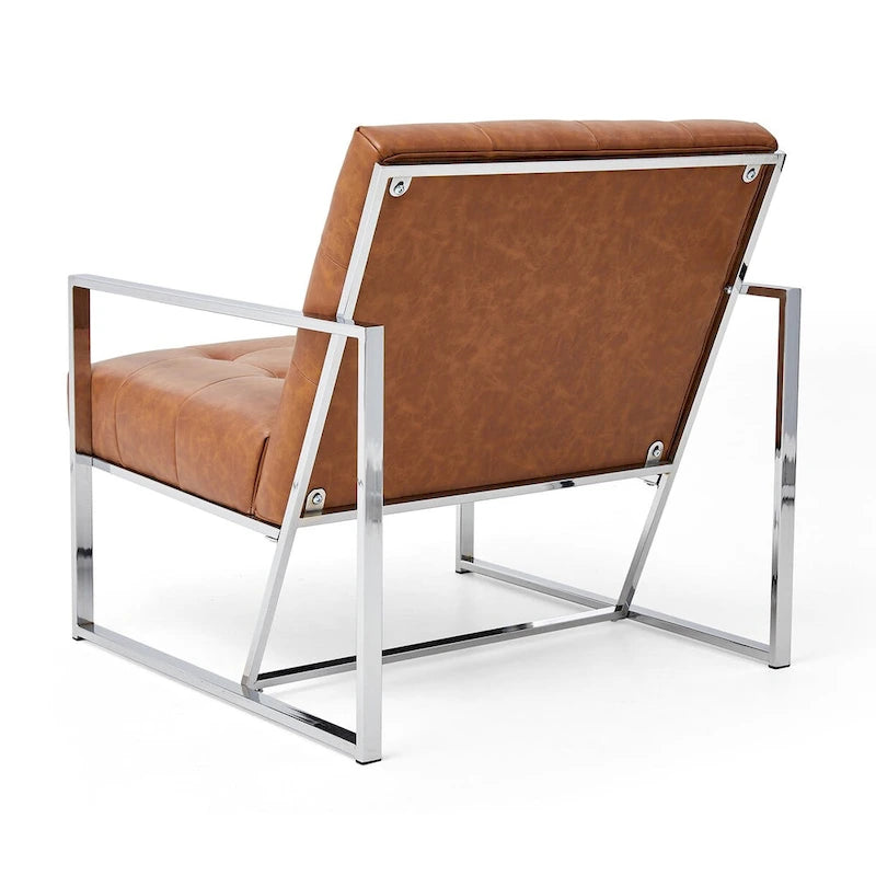 Glitzhome 77,5 cm hoher Mid-Century Akzentstuhl in Creme, PU-Leder mit Knopfheftung und verchromtem Gestell