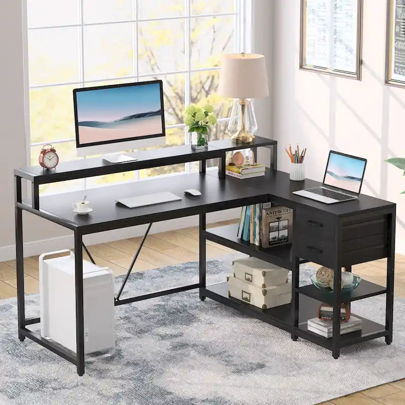 L-förmiger Schreibtisch mit Schublade, Eckschreibtisch für das Home-Office mit Ablagefächern und Monitorständer, rustikaler PC-Tisch für kleine Räume