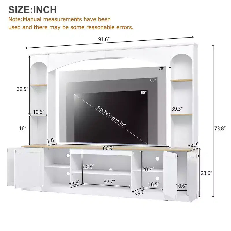 Whisen 91 Medienkonsole, gewölbte Entertainment-Center-Wandkombination im Landhausstil mit Bücherregal, Holzmaserung, für Fernseher bis zu 70 Zoll