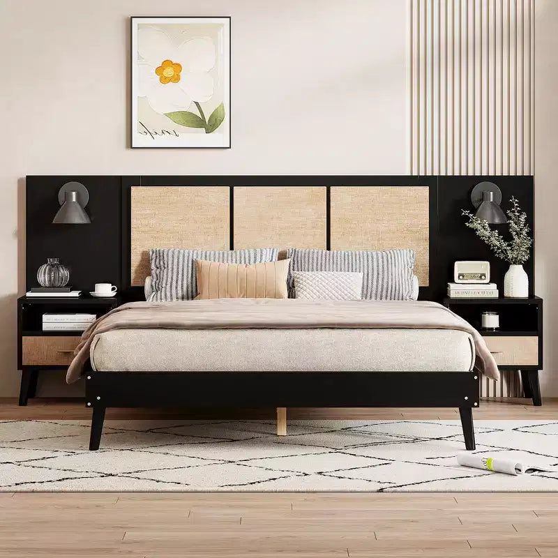 Queen-Size-Bettgestell aus Massivholz mit 2 Nachttischen, elegantes Plattformbett aus Rattan-Holz-Kombination mit Lampen - ModernLuxe