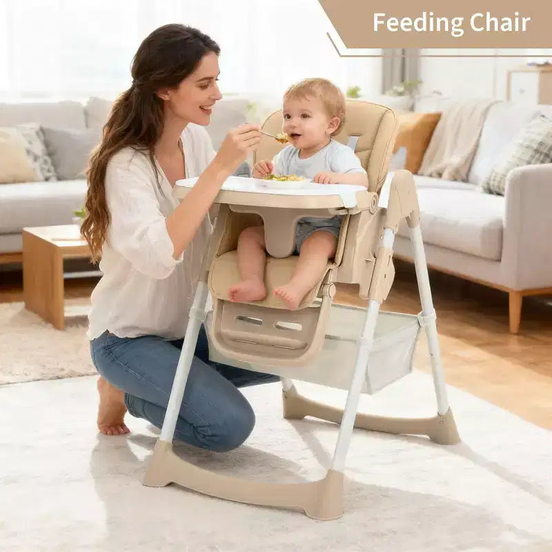 Zusammenklappbarer Hochstuhl für Babys und Kleinkinder, Hochstuhl aus PU-Leder mit verstellbarer Rückenlehne und Sitzhöhe, abnehmbarem Tablett, 5-Punkt-Sicherheitsgurt und feststellbaren Rollen