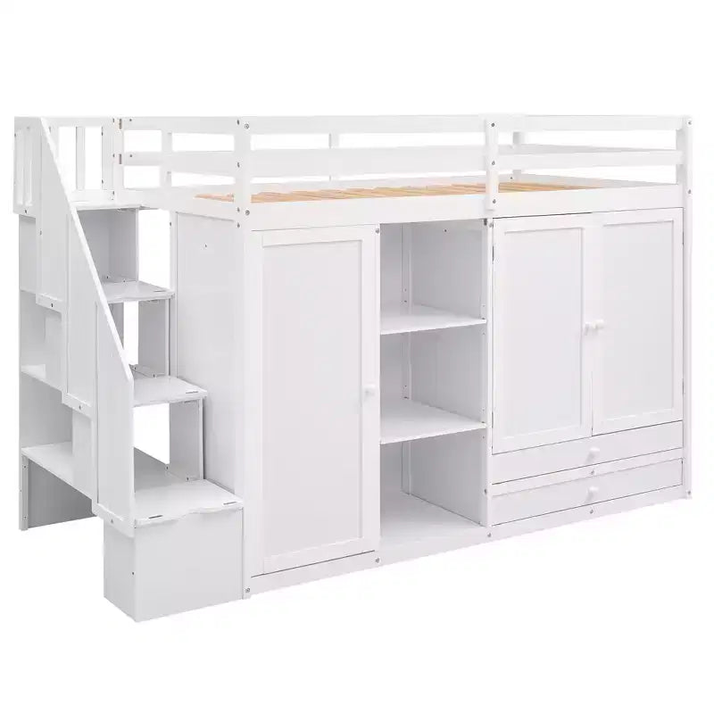 93,3 Funktionales Hochbett mit Kleiderschränken, Regalen, Schubladen und Stauraumleiter