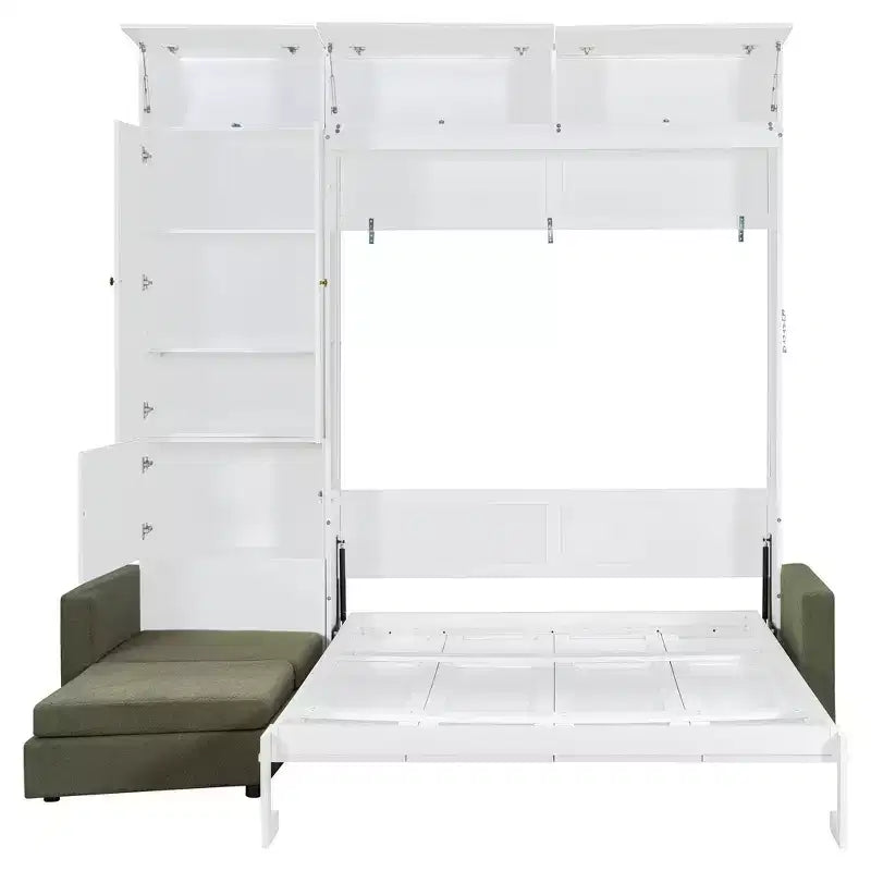Schrankbett in Queen-Size mit Sofa und Schrank, hölzernes Queen-Size-Schrankbett als Wandbett mit Regalen, klappbares Wand-Schrankbett für Gästezimmer und Büro