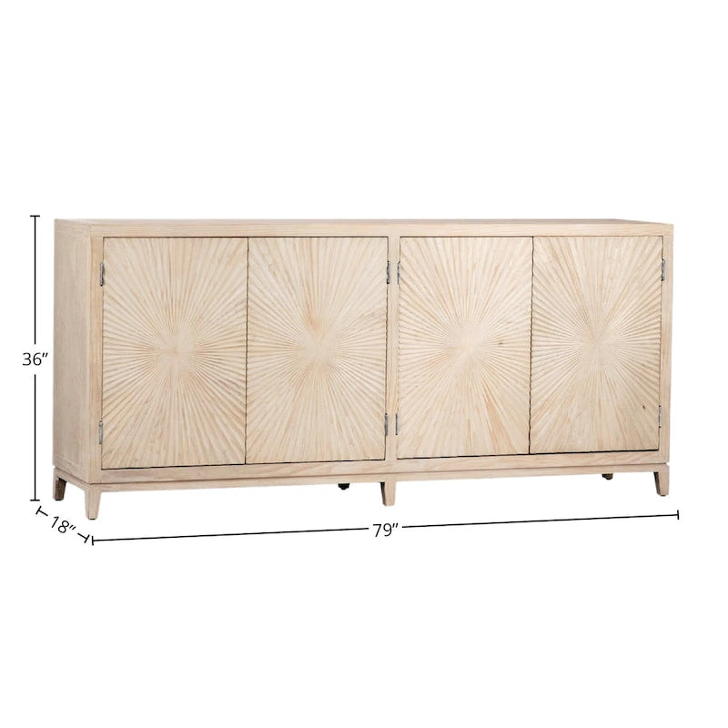 Isabelle 200 cm Sideboard aus Kiefernholz in Light Wash mit 4 Türen und handgeschnitztem Burst-Muster auf den Fronten