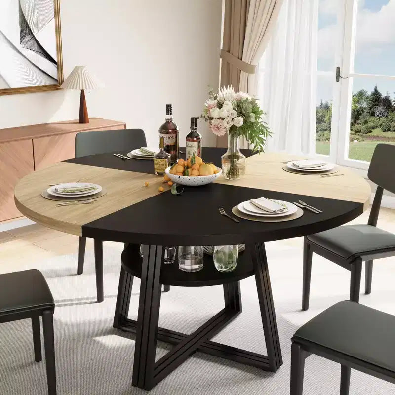 Runder Esstisch für 4-6 Personen, 47 Küchen-Esstisch mit Ablagefach, Holztisch mit Metallgestell für Zuhause und Wohnzimmer, ohne Stühle