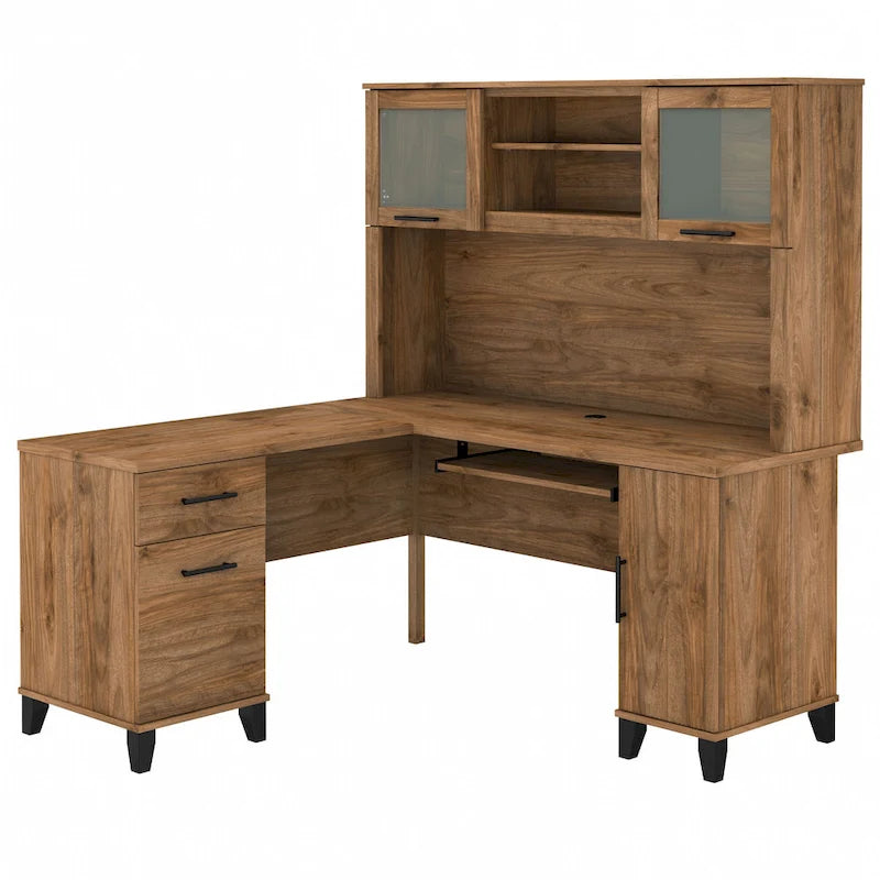 Bush Furniture Somerset 60 Zoll breiter L-förmiger Schreibtisch mit Aufsatzregal und Stauraum