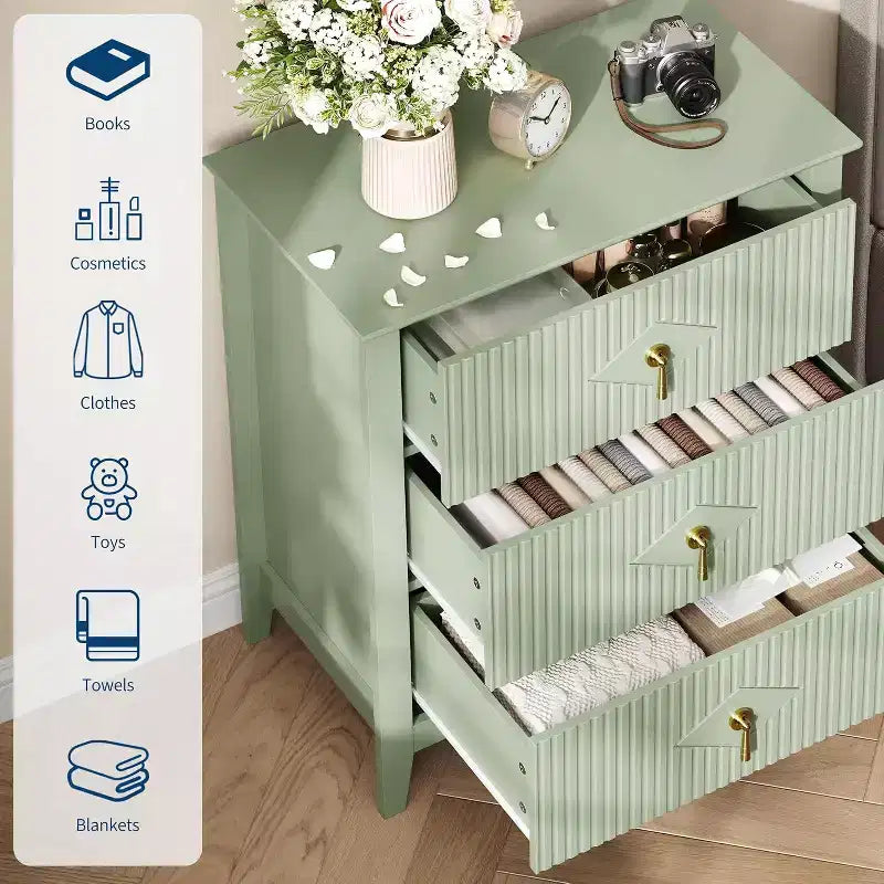 2 Stück geriffelte Holz-Nachttische, 27,5 breit, 3-Schubladen-Kommoden-Set, moderne Beistelltische, Schubladenschrank für Schlafzimmer und Wohnzimmer