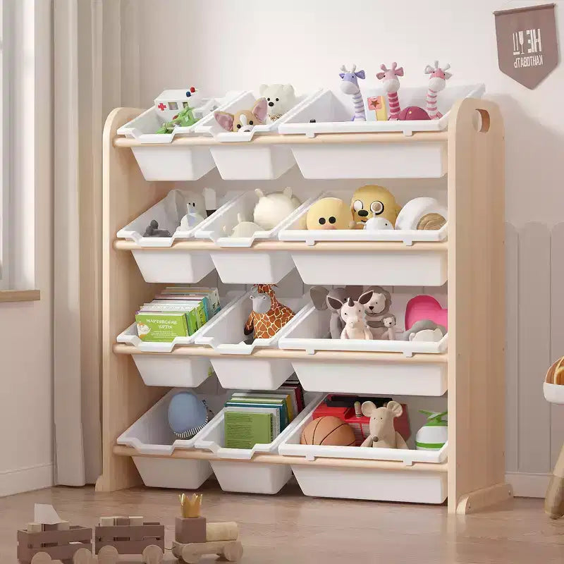 VECELO Kinder-Bücherregal mit Spielzeugaufbewahrung und 12 Körben, Spielzeugregal aus Holz für Kleinkinder, geräumige Spielzimmeraufbewahrung für Bücher oder Spielzeug