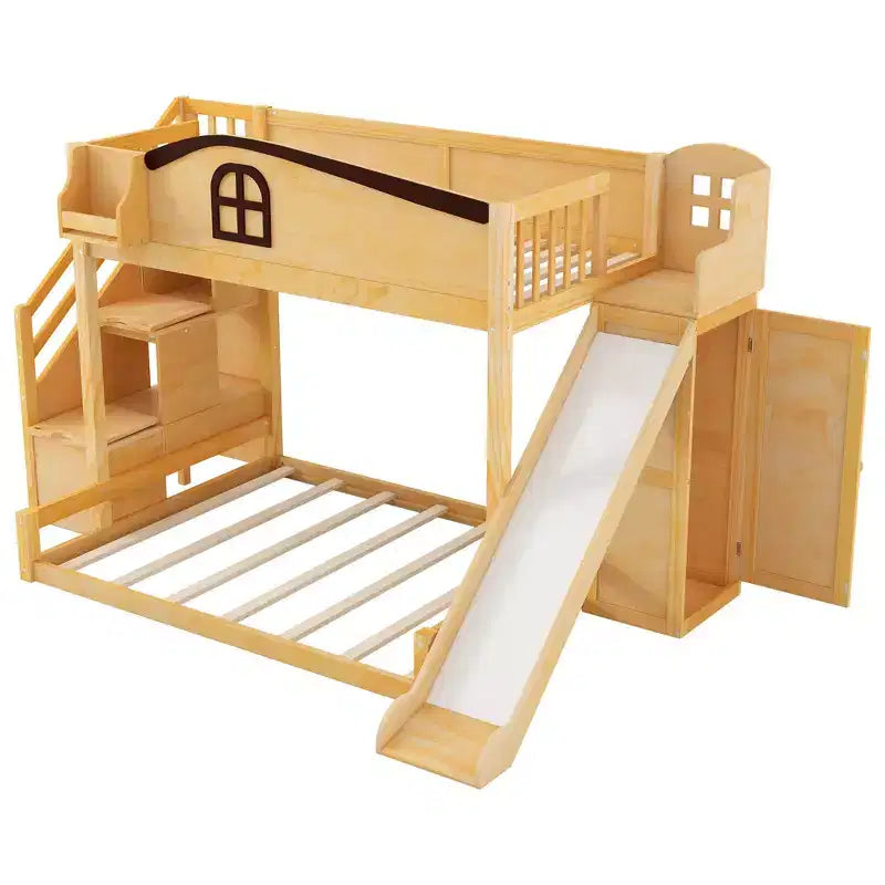Etagenbett (90x200 cm oben / 140x200 cm unten) mit Rutsche, Regalen, Treppe mit Stauraum und Kleiderschrank für das Kinderzimmer