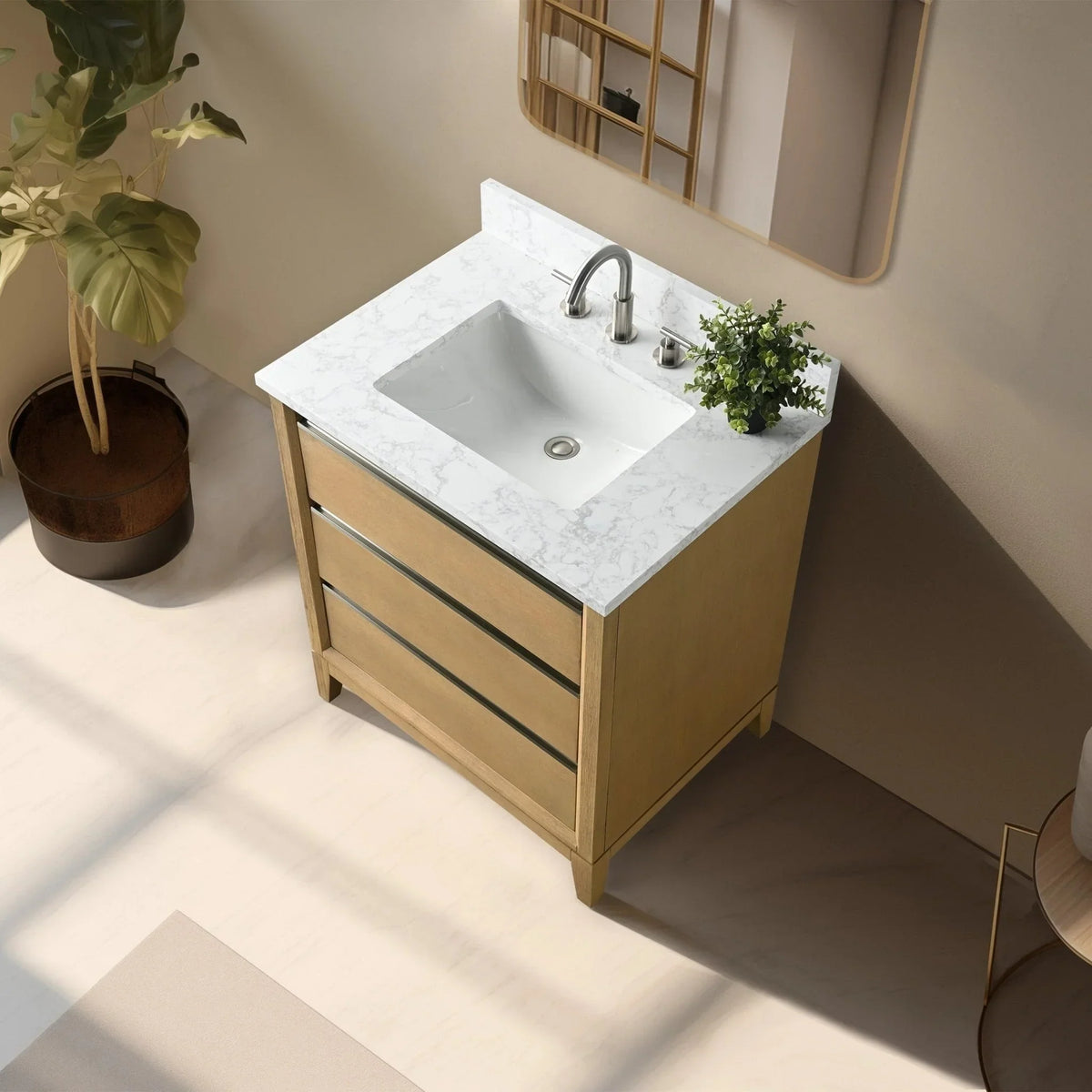 Vanity Art Badezimmerschrank mit Keramikwaschbecken und Platte aus technischem Marmor