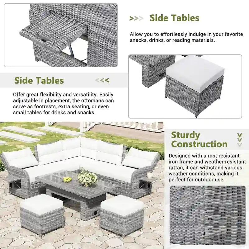 Outdoor-Rattan-Ecksofa-Set mit verstellbarem Tisch und Relaxsesseln