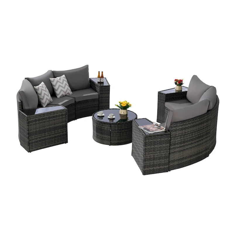 11-teiliges modulares Outdoor-Sofa-Set mit halbrunden Elementen, Couchtisch aus gehärtetem Glas und 4 Beistelltischen