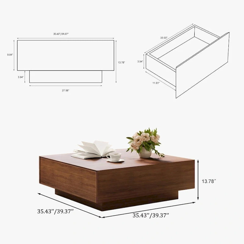 Mid-Century Modern Couchtisch, minimalistischer Couchtisch aus Holzfurnier mit Stauraum für das Wohnzimmer, komplett montiert