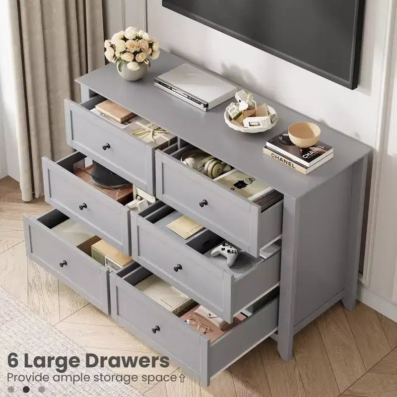 Kommode mit 6 Schubladen für das Schlafzimmer, große Kommode mit tiefen Schubladen & Metallknöpfen, modernes Holzschubladenelement für Eingangsbereich, Flur