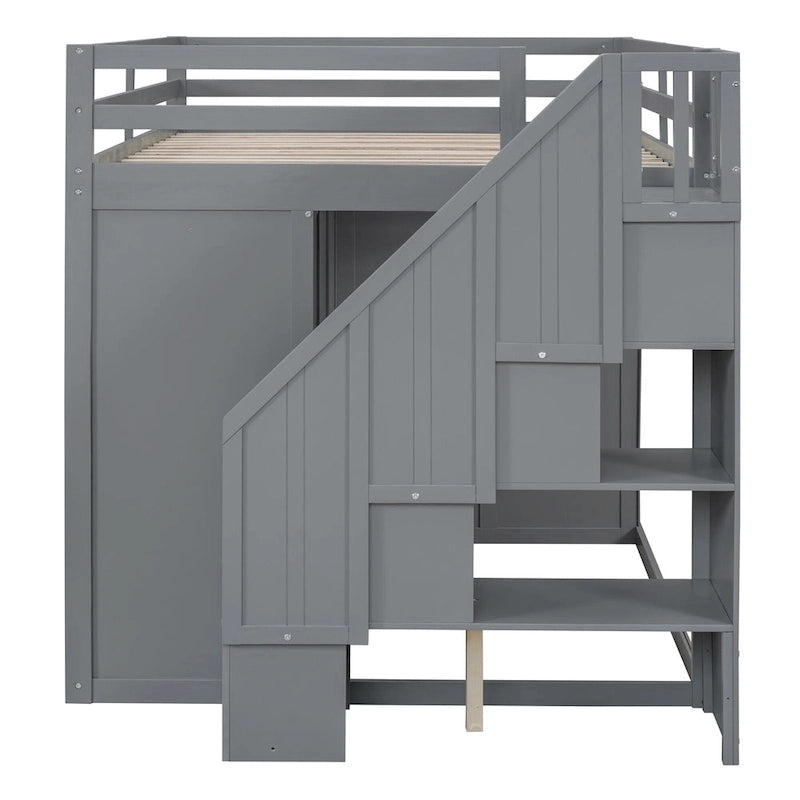 Graues Hochbett aus Holz in Standardgröße mit Kleiderschränken, Schubladen und Treppe mit Stauraum