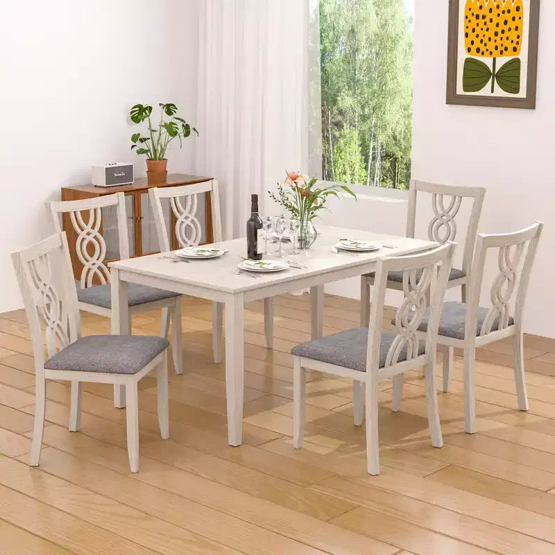 VECELO Rustikale Esszimmerstühle aus Holz, Küchenstühle aus Kautschukholz mit gepolsterter Sitzfläche und eleganter, durchbrochener Rückenlehne, Grau