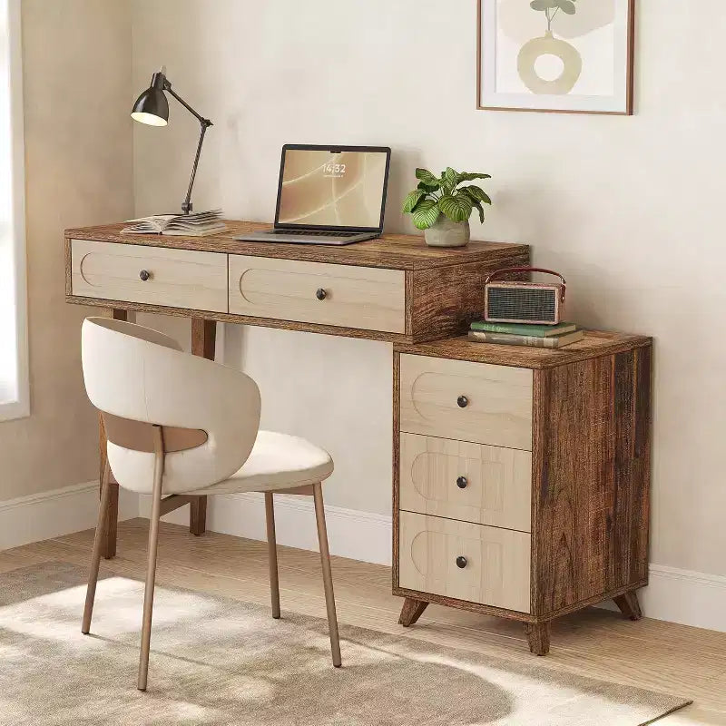 Lantine-Schreibtisch, 99 cm, mit 5 Schubladen und ausziehbarem Schrank, kleiner ausziehbarer Computer- und Schminktisch für kleine Räume, Braun