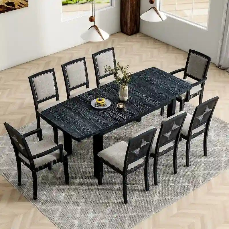 9-teiliges ausziehbares Esszimmer-Set mit 24-Zoll-Einlegeplatte, 6 gepolsterten Esszimmerstühlen ohne Armlehnen und 2 gepolsterten Armlehnstühlen
