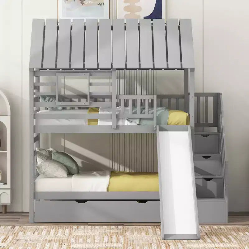Whisen Etagenbett in Hausform mit zwei Einzelbetten, Ausziehbett, Rutsche, Treppe mit Stauraum sowie Dach- und Fensterdesign