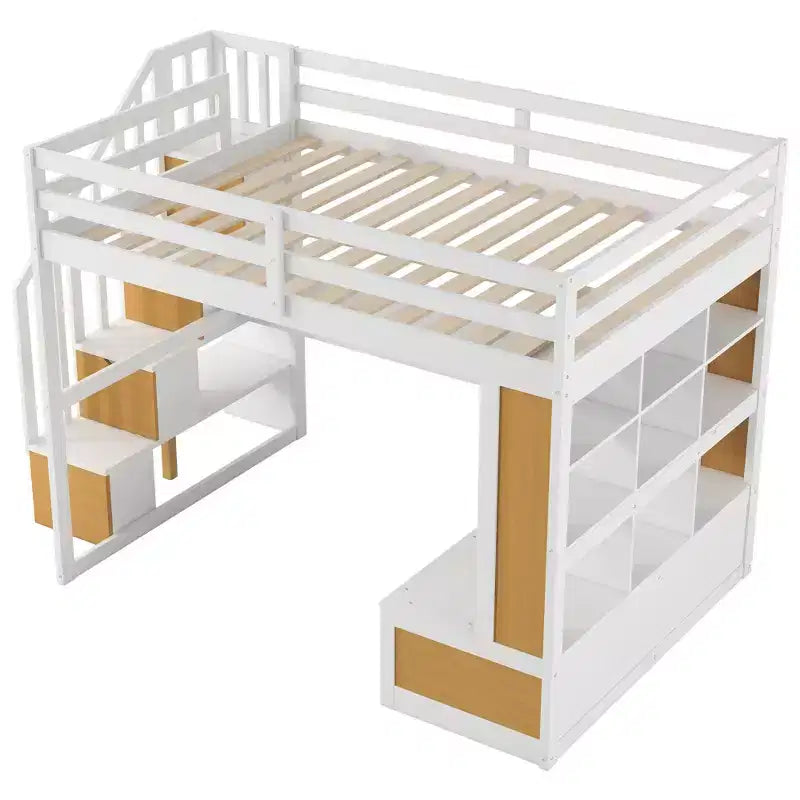 Full-Size-Hochbett mit Treppe und Schreibtisch, Hochbettgestell aus Holz mit Staufächern und Bücherregalen für Erwachsene, Teenager und Kinder