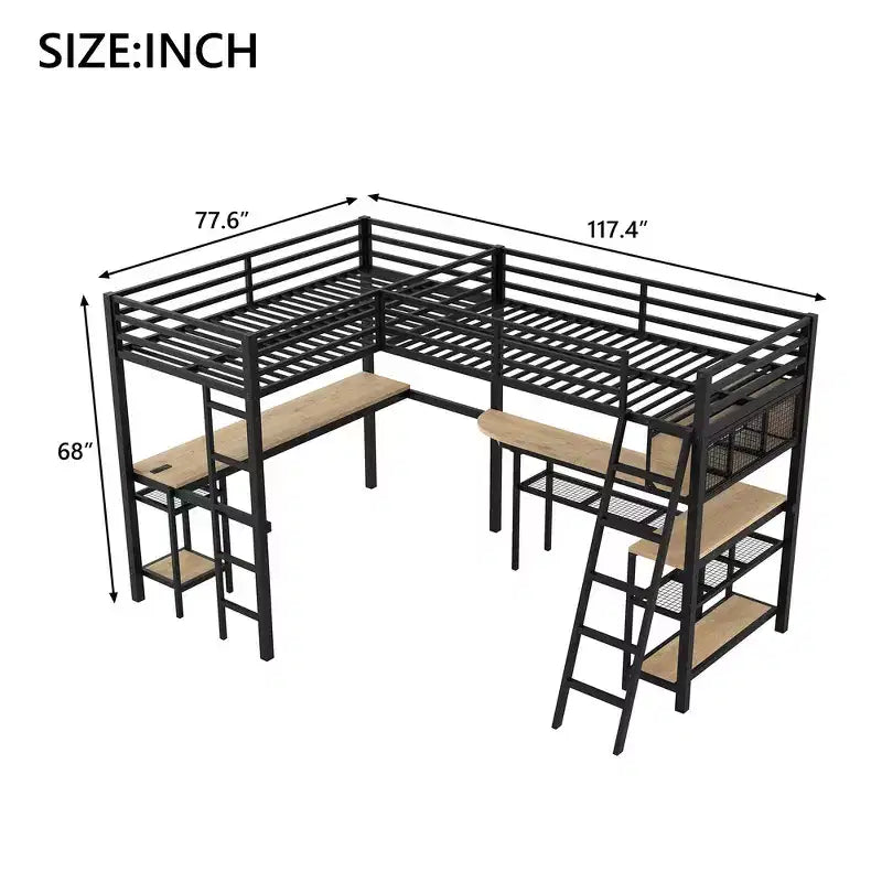 L-förmiges Hochbett aus Metall für 2 Personen mit Ablageflächen und 2 integrierten Schreibtischen – Schwarz