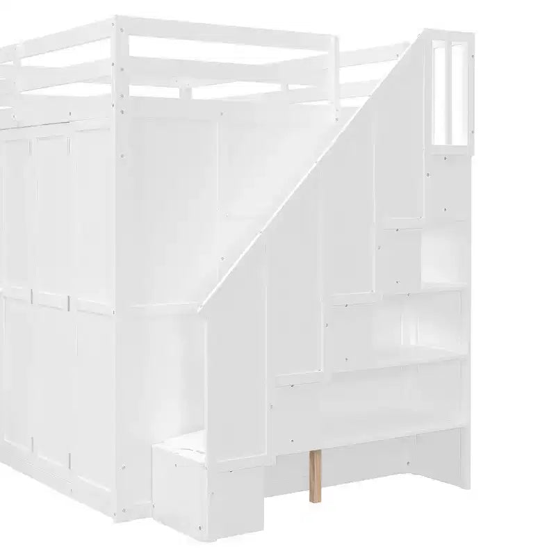Whisen Hochbett in voller Größe mit Kleiderständern, klappbaren Regalen und Schreibtischen für ein organisiertes Zuhause