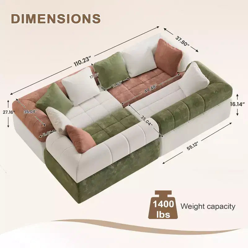 280 cm breites, modulares 4-Sitzer-Sofa aus Chenille im Colorblock-Design mit geschwungenen Armlehnen