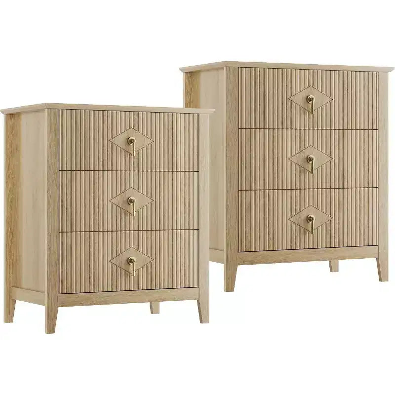 2 Stück geriffelte Holz-Nachttische, 27,5 breit, 3-Schubladen-Kommoden-Set, moderne Beistelltische, Schubladenschrank für Schlafzimmer und Wohnzimmer
